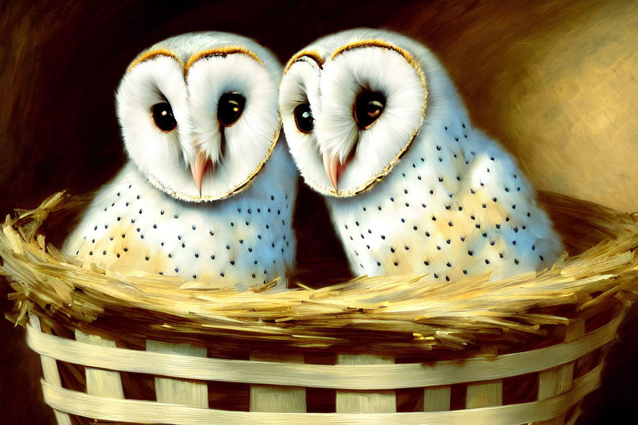 Stylized snowy owls with captivating eyes in a woven basket