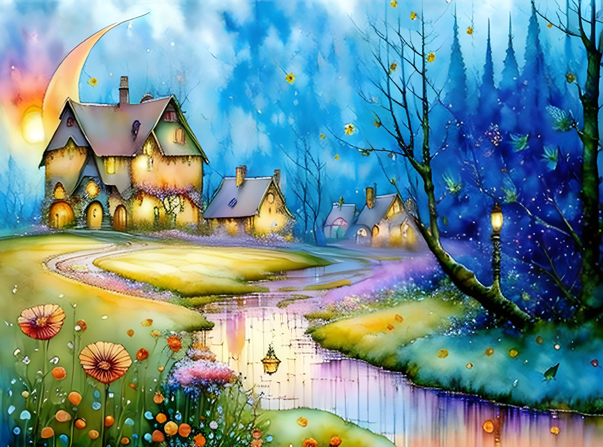 Nighttime village scene with illuminated cottages, glowing pathway, tranquil pond, vibrant flowers, and fire