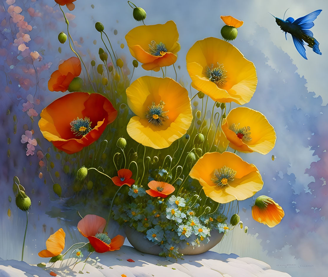 Colorful digital artwork featuring orange and red poppies and a flying blue hummingbird.