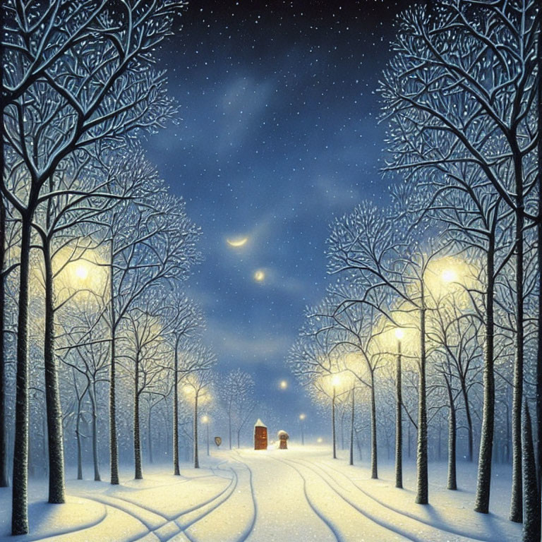 Snow-covered trees, path to cottage, glowing streetlights under starry sky