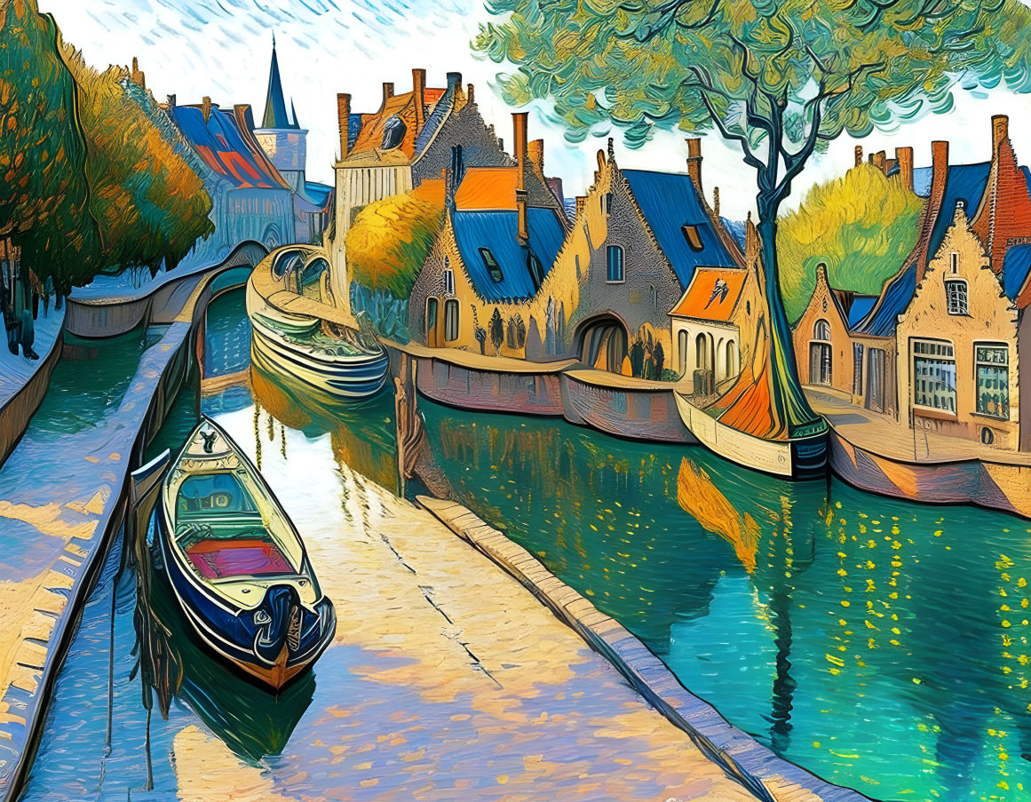 Colorful canal painting with boats, houses, and trees blending natural and architectural beauty