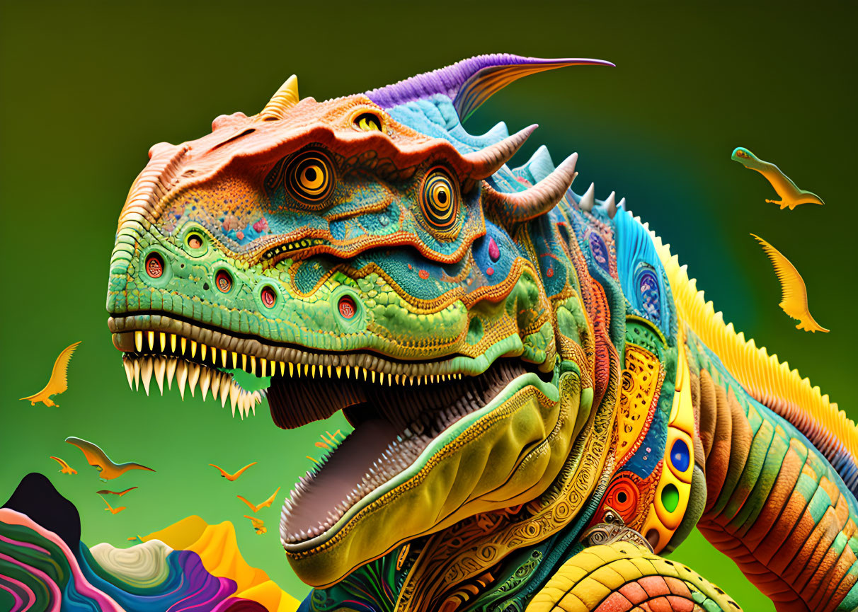 Colorful Stylized Dinosaur Illustration on Green Background