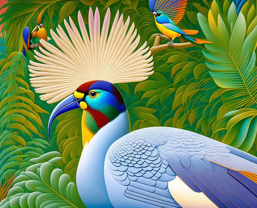 Vibrant Exotic Bird Illustration Among Tropical Foliage