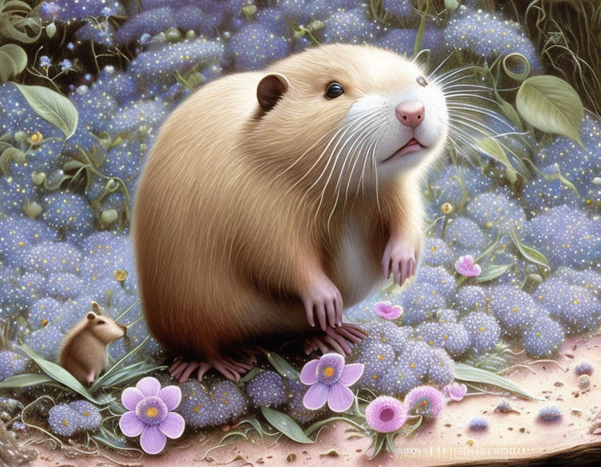 Whimsical rodent with small companion in purple flower field