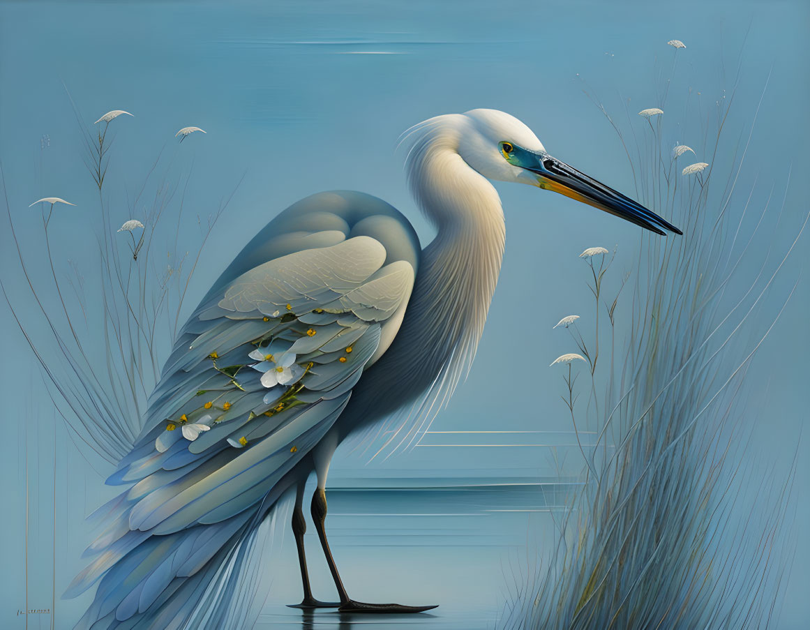 Stylized white and blue heron in grass and flowers on blue background