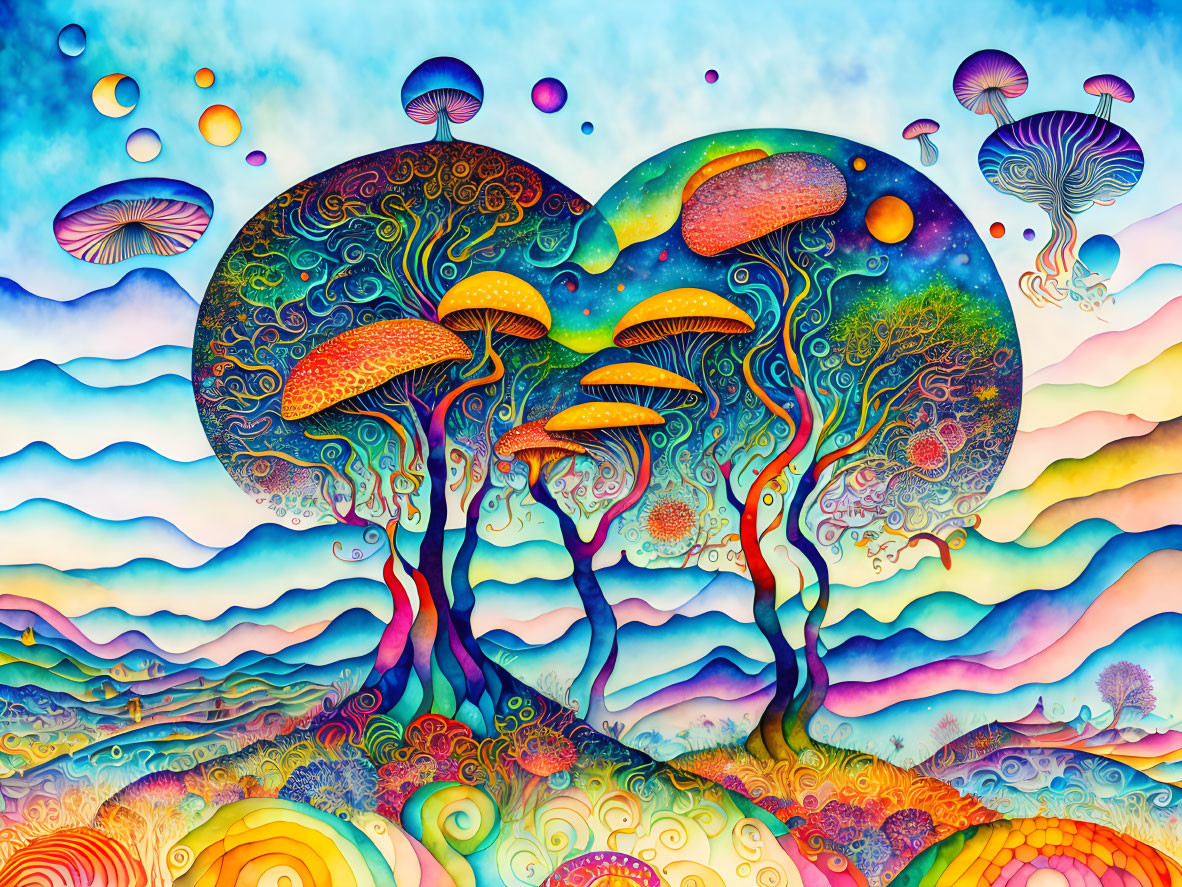 Colorful psychedelic artwork: stylized trees, mushroom canopies, bubbles