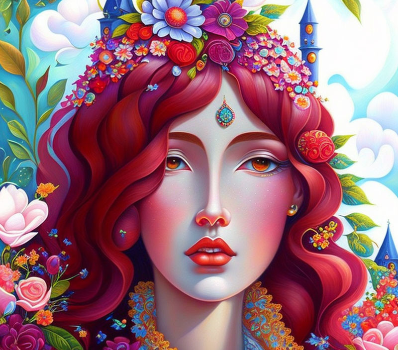 Illustration of woman with red hair, floral crown, castle background, serene expression, and floral backdrop