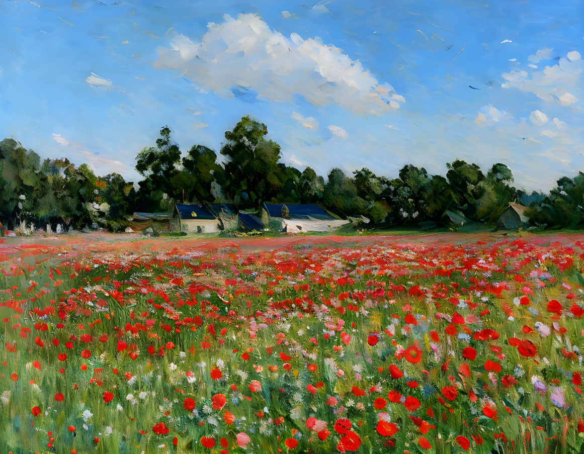 Vibrant landscape painting: red poppies, blue sky, trees & buildings