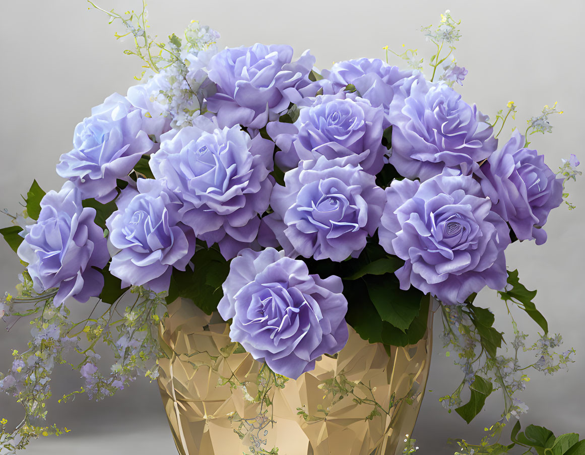 Vibrant lavender roses in geometric golden vase on neutral background