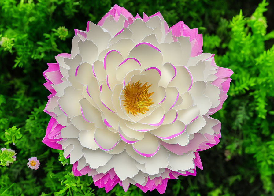 White and pink paper flower on green leafy background