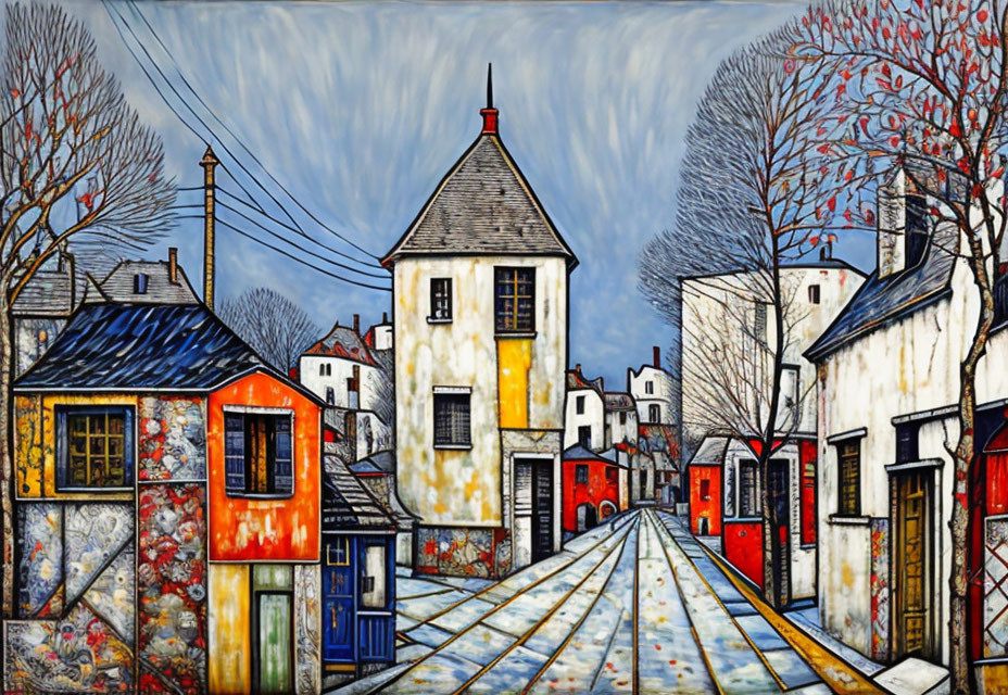 Vibrant painting of quaint village street with unique buildings and bare trees