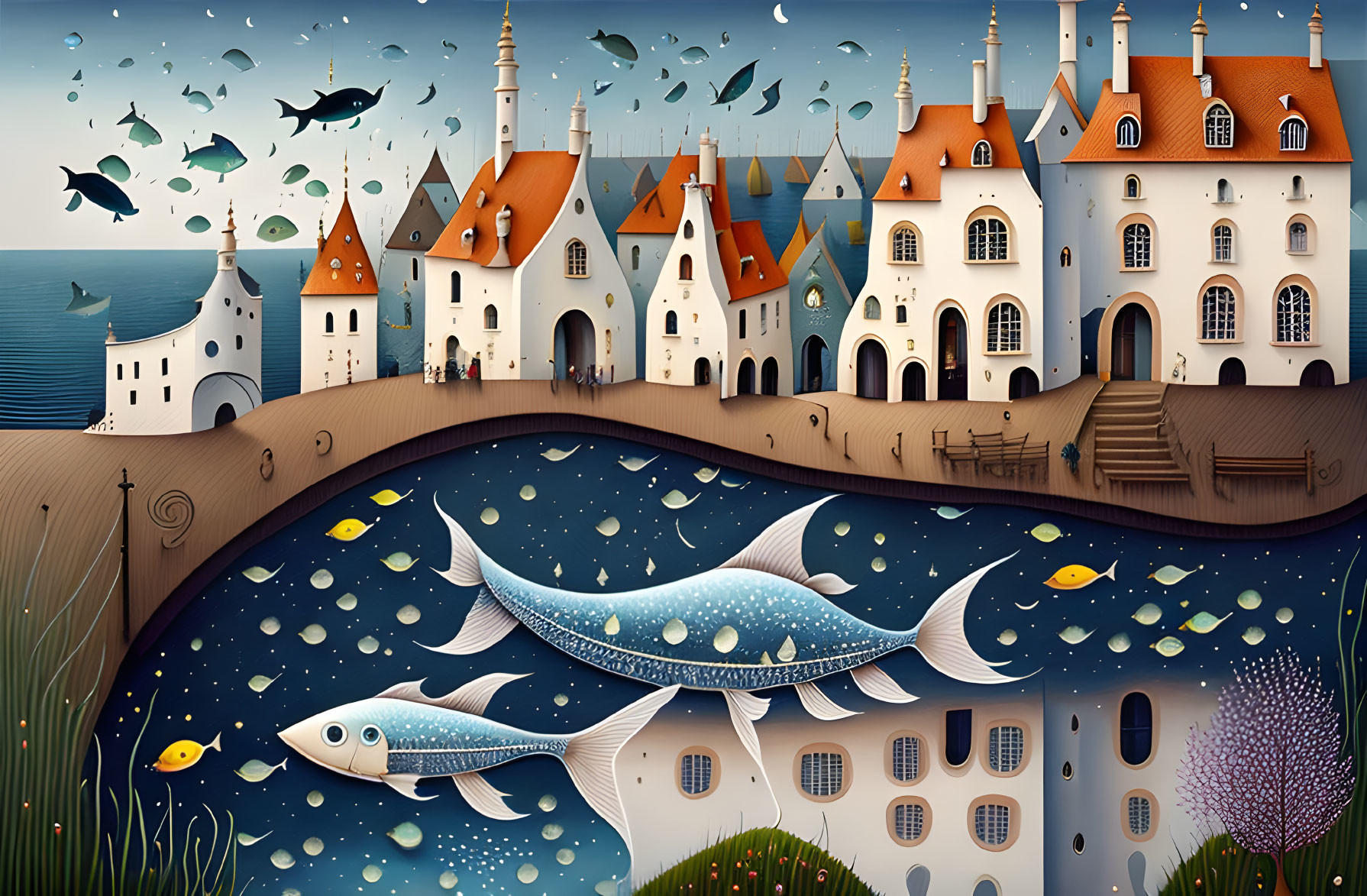 Illustration of Coastal Village with Flying Fish and Underwater Stars