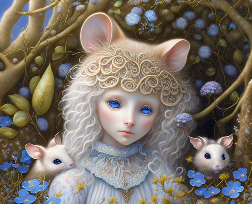 Fantasy illustration of girl with cat ears amid mice, flowers, and lush greenery