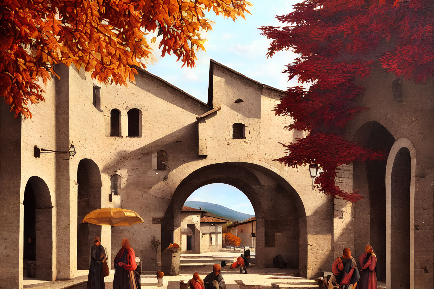 Medieval-themed autumn scene with people under red trees and stone buildings