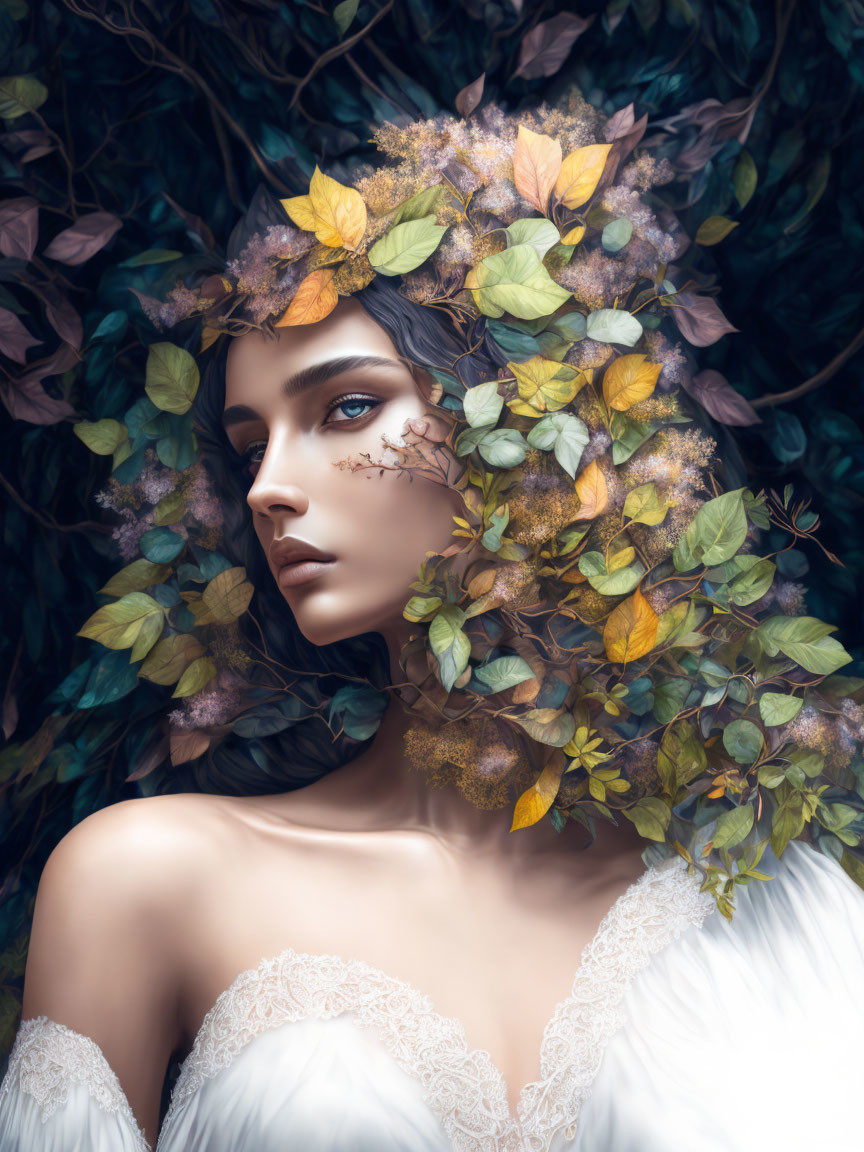 Woman with Floral Headpiece Lying in Foliage: Serene and Ethereal Portrait