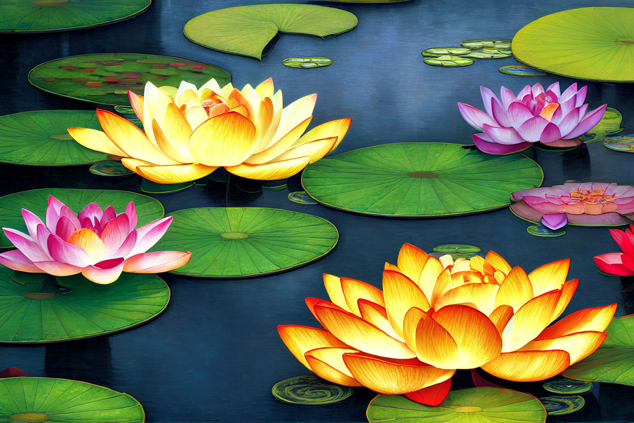 Colorful Lotus Flowers in Bloom on Tranquil Pond with Lily Pads