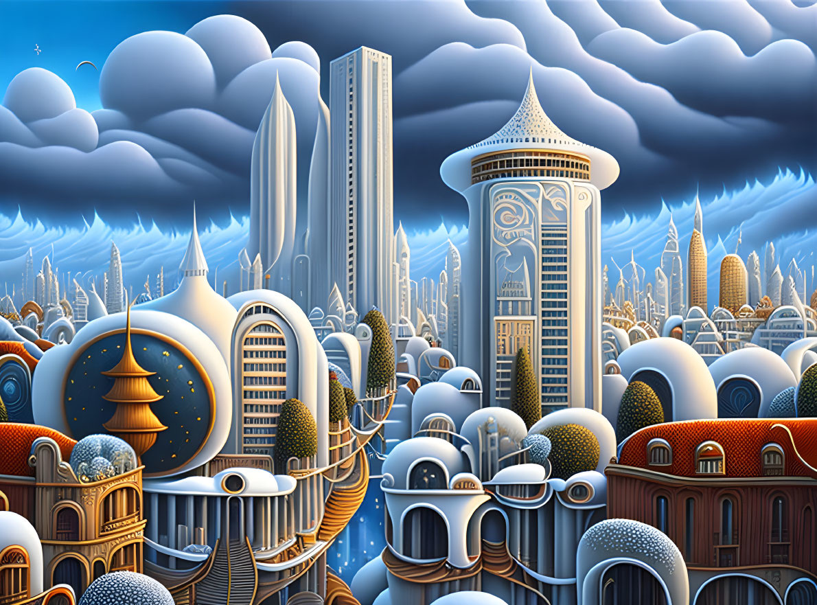 Futuristic and classical cityscape with ornate buildings under cloudy sky