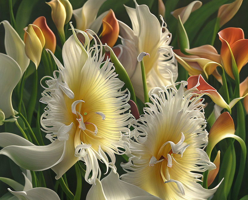 Close-up of white and yellow frilled tulips with orange calla lilies and green foliage