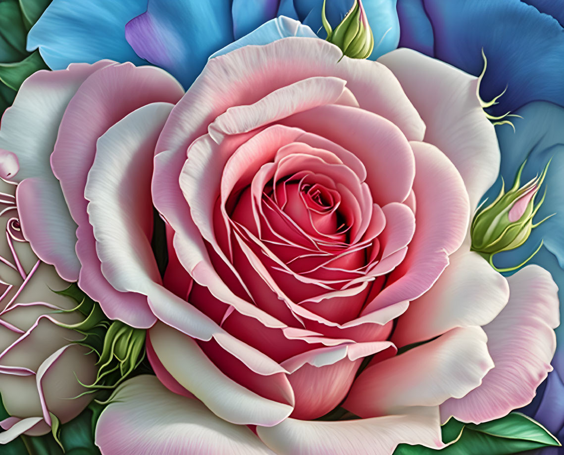 Digitally created pink rose surrounded by blue and purple petals with realistic details and soft lighting