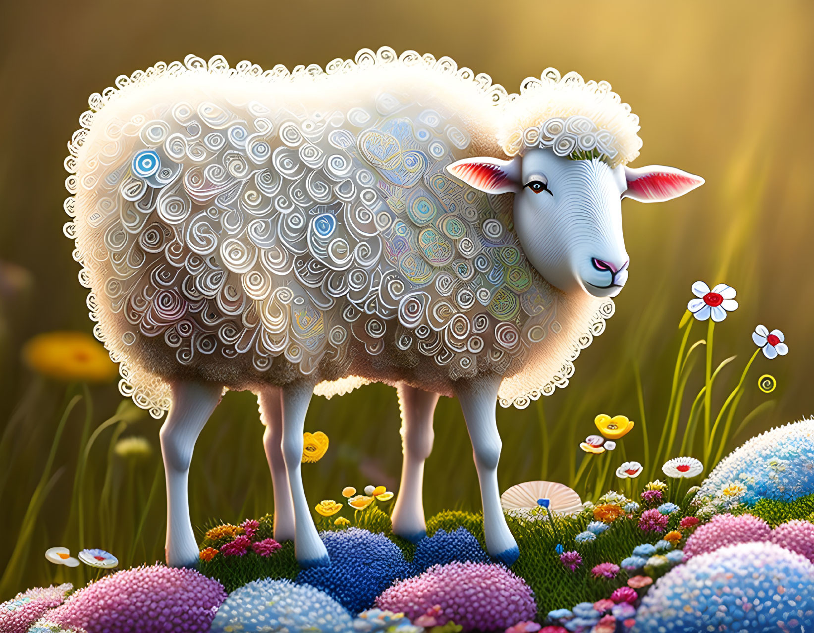 Colorful Sheep Illustration in Flower-Filled Meadow