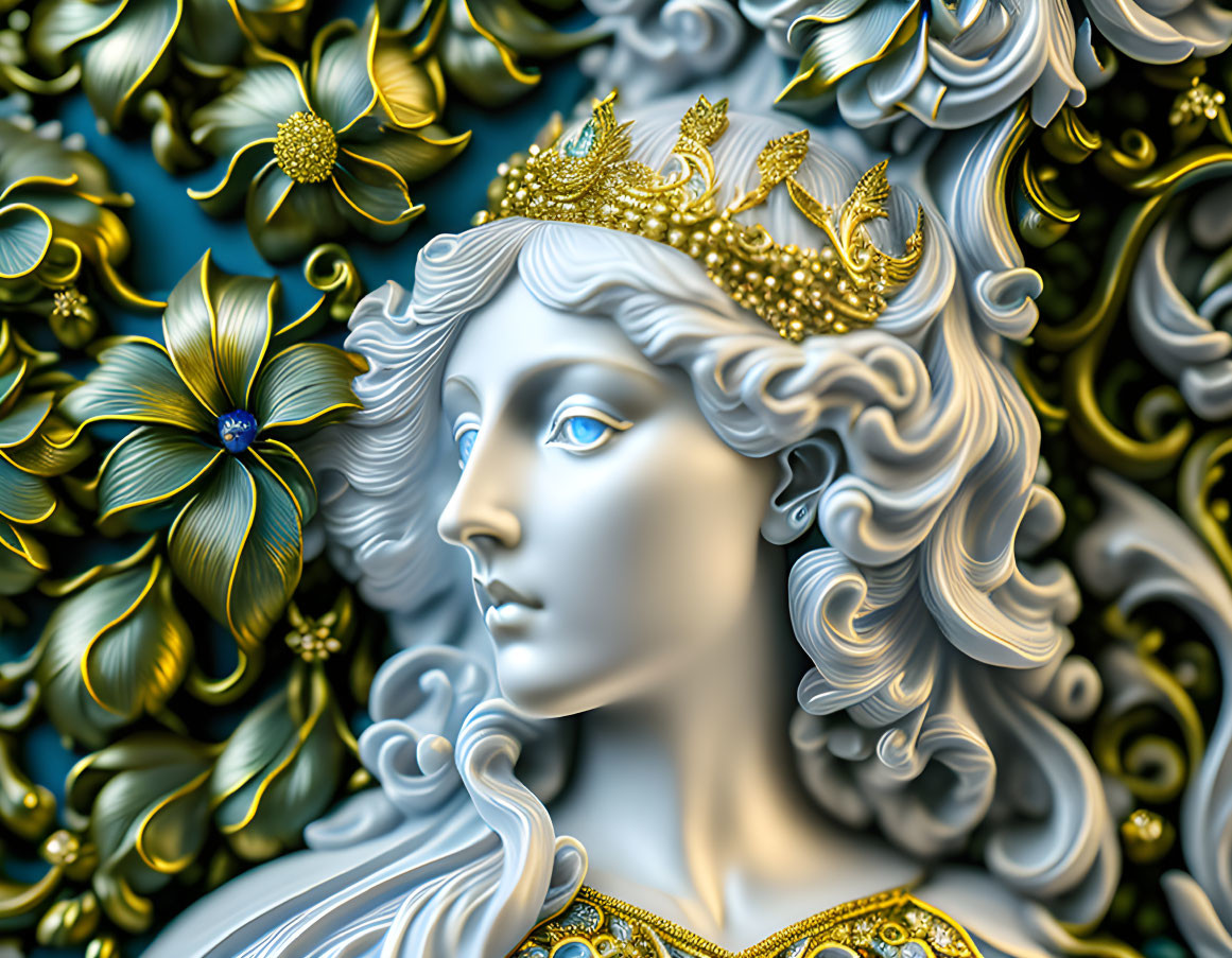 3D illustration of woman with crown and golden hair on teal floral background