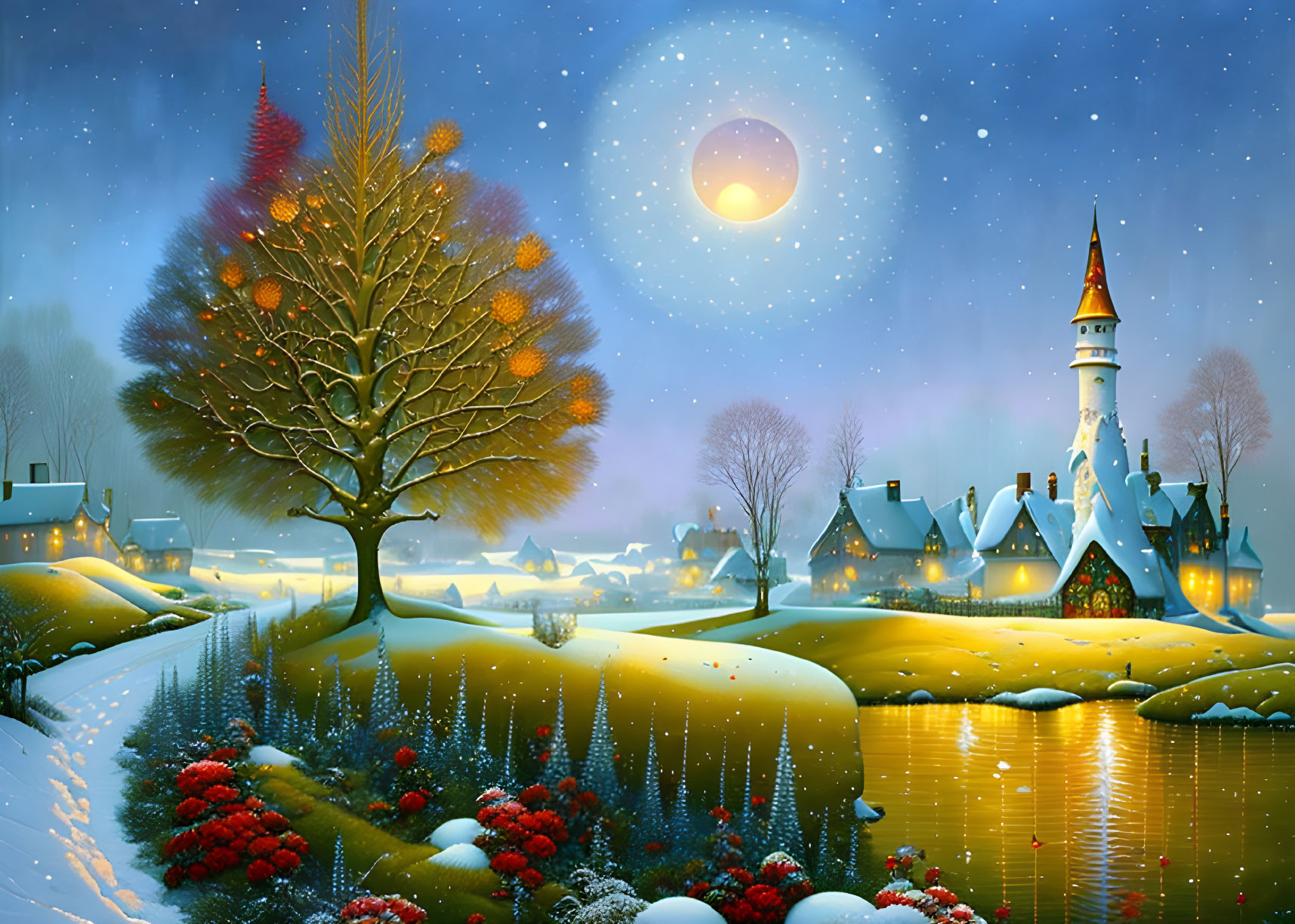 Winter night scene with full moon, castle, cottages, glowing tree, and river in snowy landscape