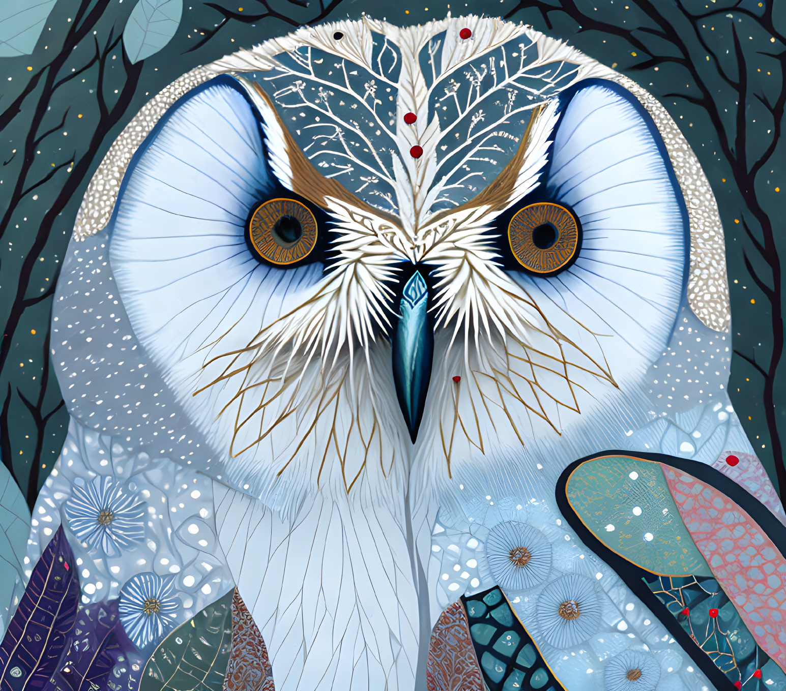 Colorful Owl Illustration with Intricate Patterns in Night Sky