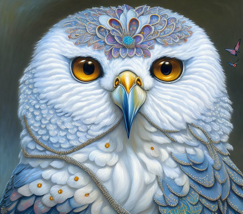 Detailed White Owl Illustration with Blue Patterns, Jewelry, Amber Eyes, and Butterfly