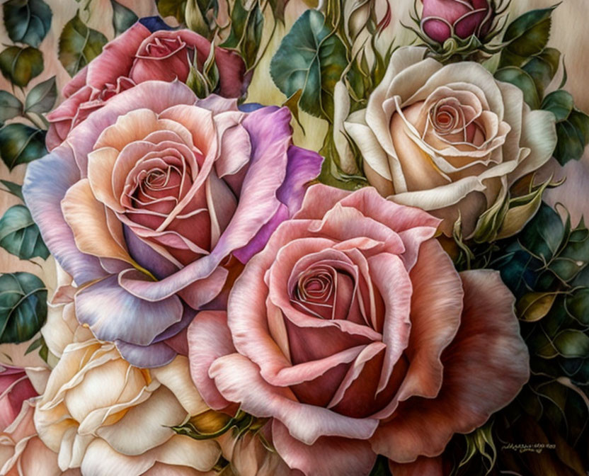 Close-Up of Lush, Multi-Colored Roses in Soft Pink and Purple Hues