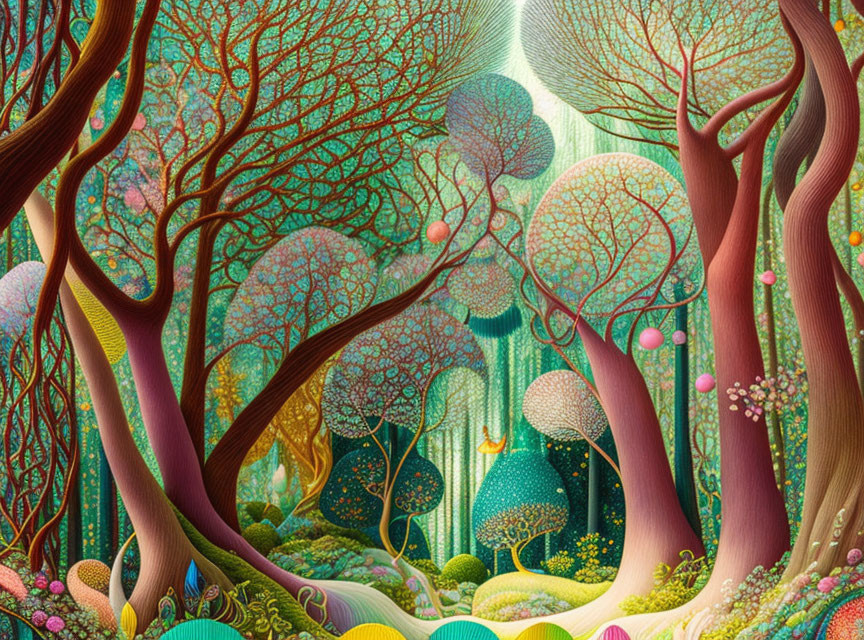 Colorful whimsical forest illustration with intricate trees and fantastical foliage