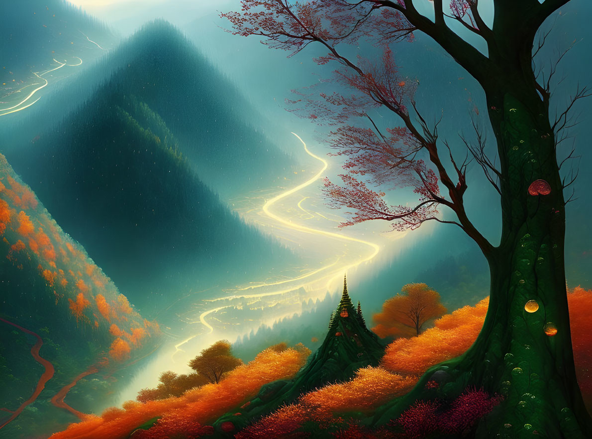 Scenic autumn forest with winding road and mystical tree