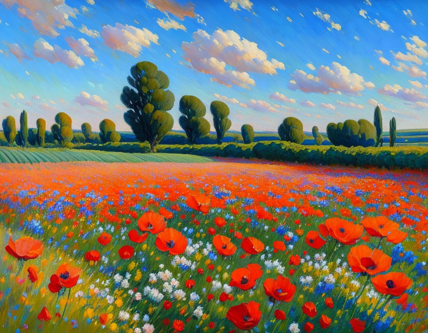 Colorful poppy field painting under blue sky