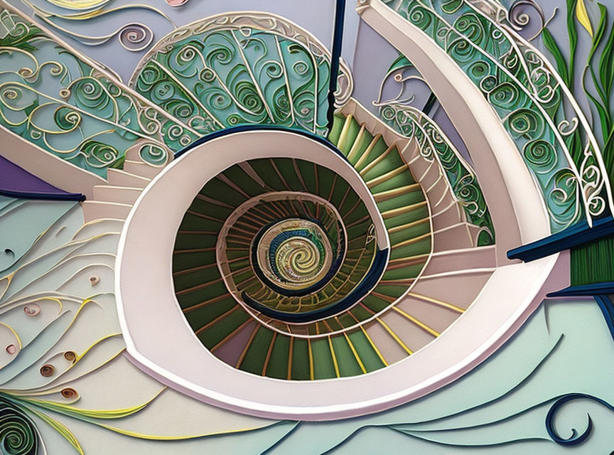 Ornate ironwork spiral staircase with green decorative patterns