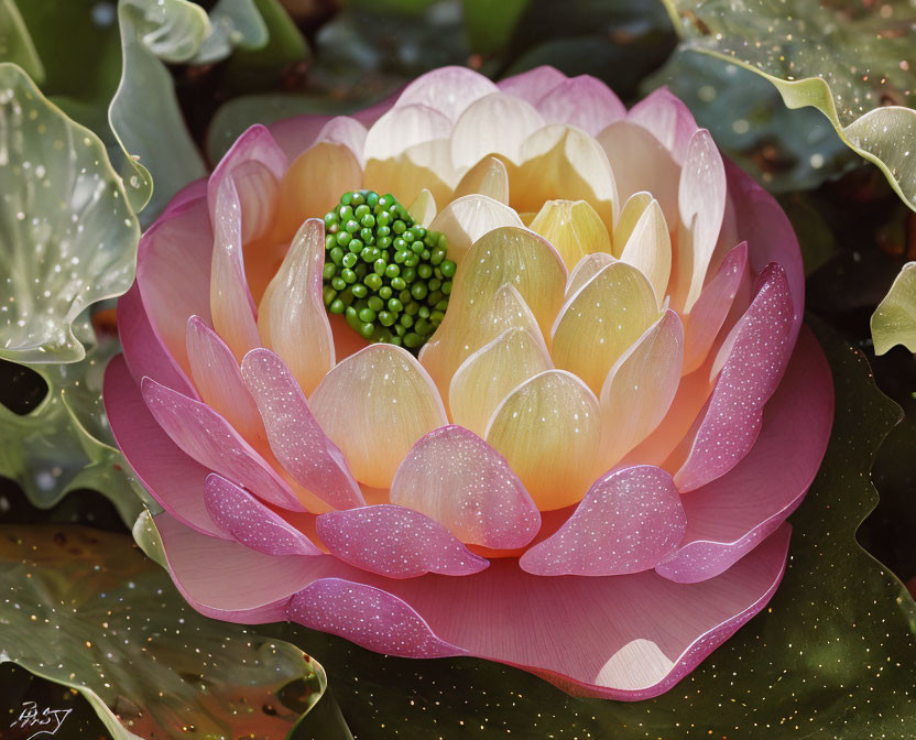 Colorful digital illustration of dew-covered lotus flower and lily pads