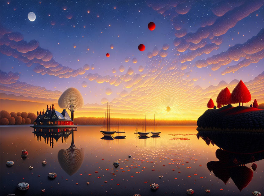 Fantasy landscape at dusk with reflective lake, whimsical house, unique trees, boats, and red