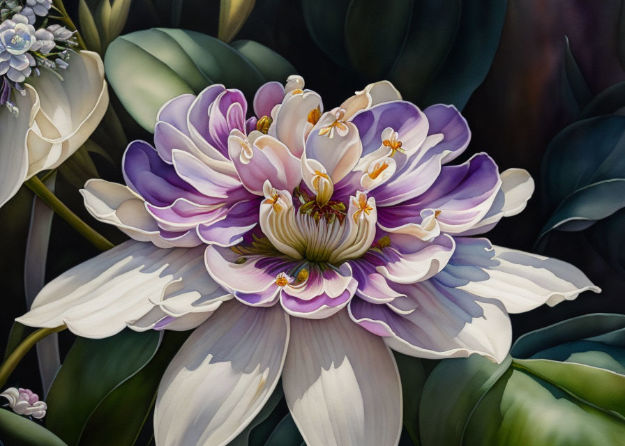 Detailed illustration of lush lotus flower with white to purple gradients and green foliage