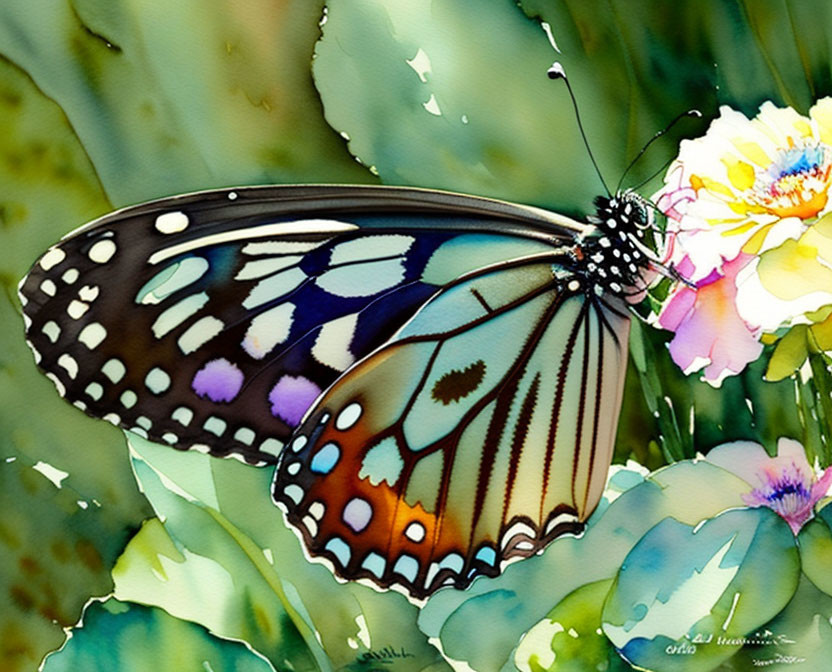 Colorful Butterfly Watercolor Painting with Detailed Wings on Flowers