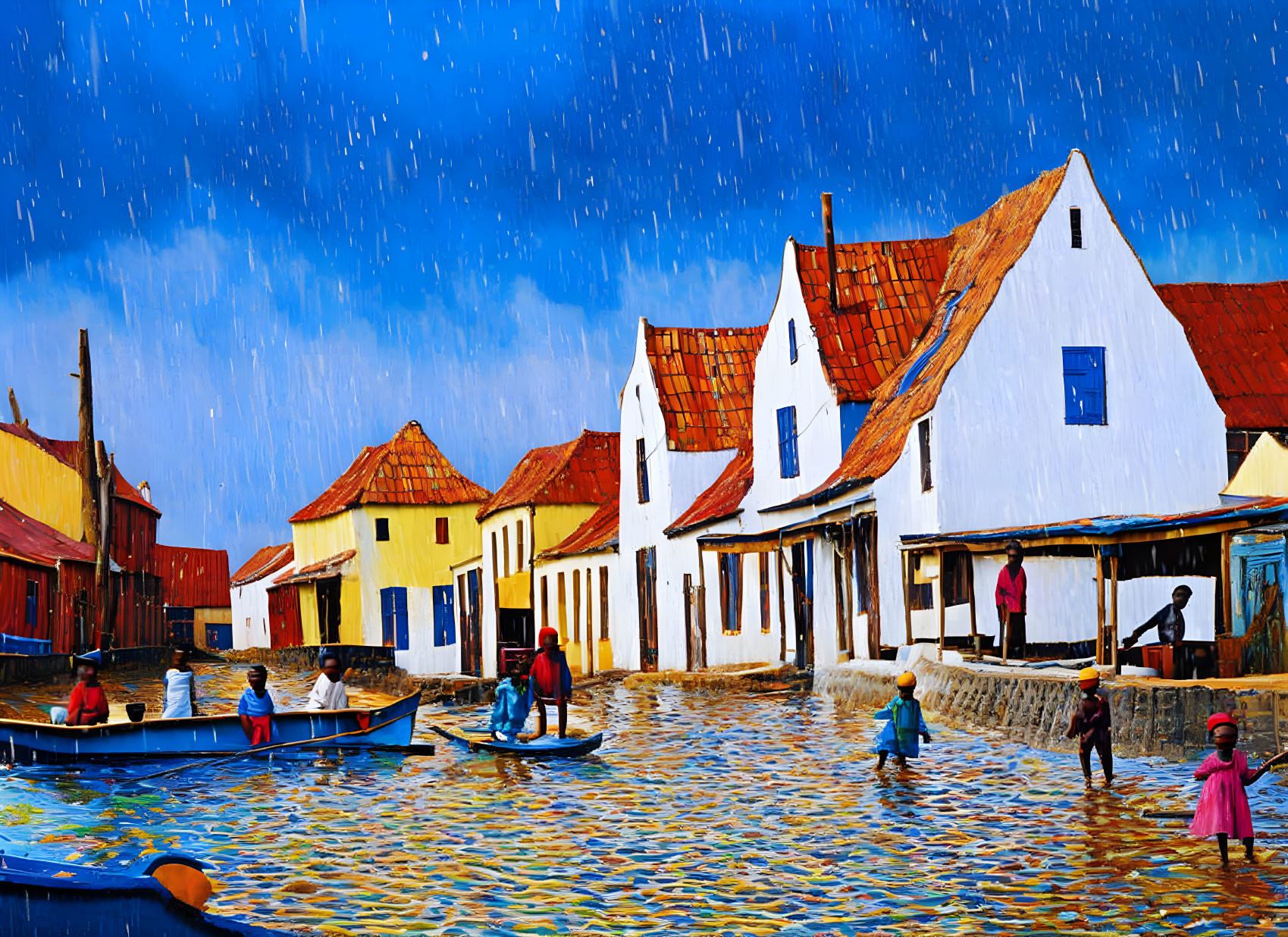 Vibrant waterfront village painting with European-style houses and people under rain