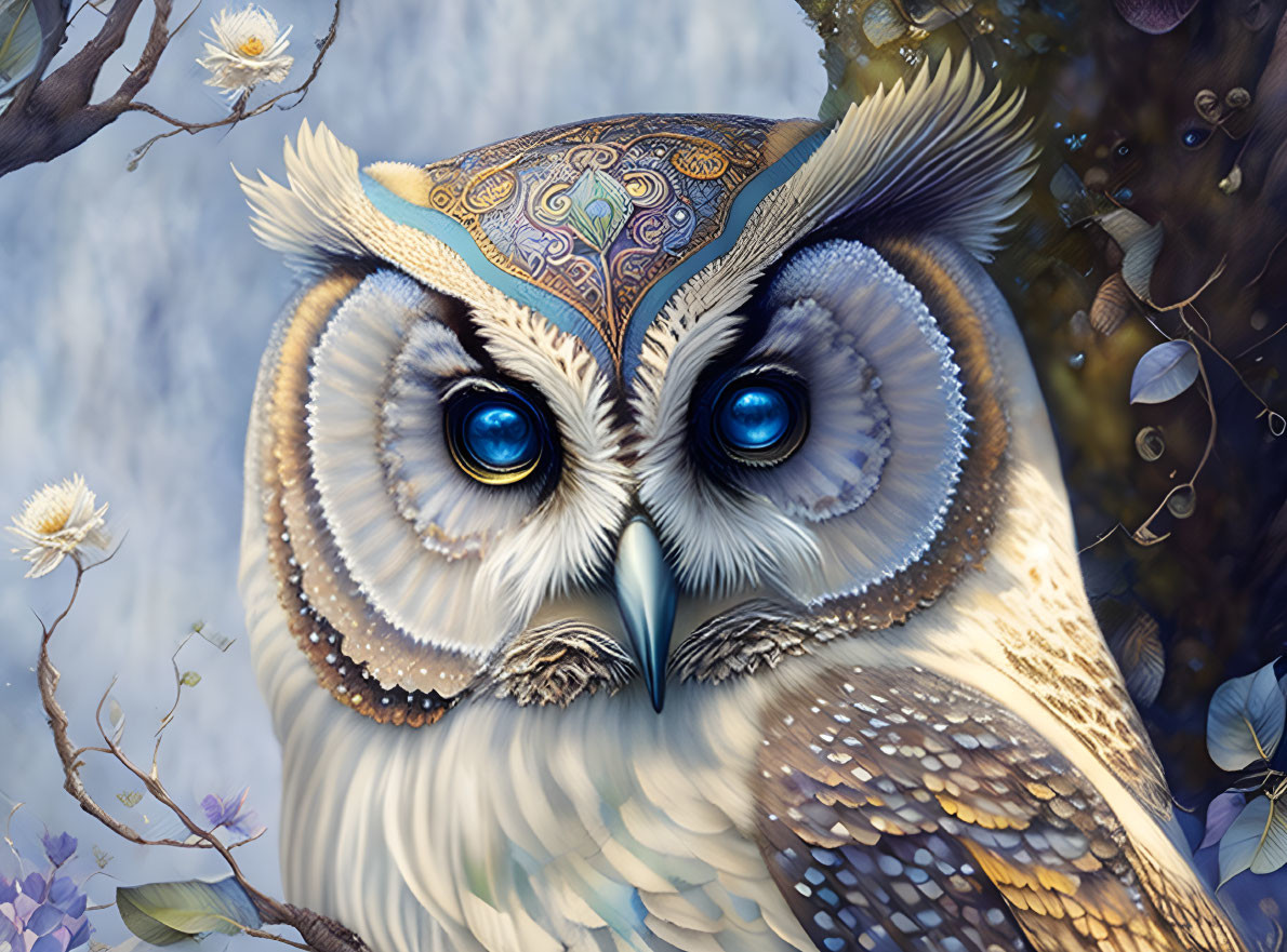 Detailed Owl Illustration with Blue Eyes and Decorative Cap in Floral Setting