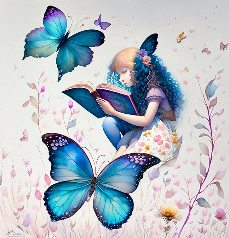 Whimsical illustration of girl with blue wings reading among butterflies & flowers