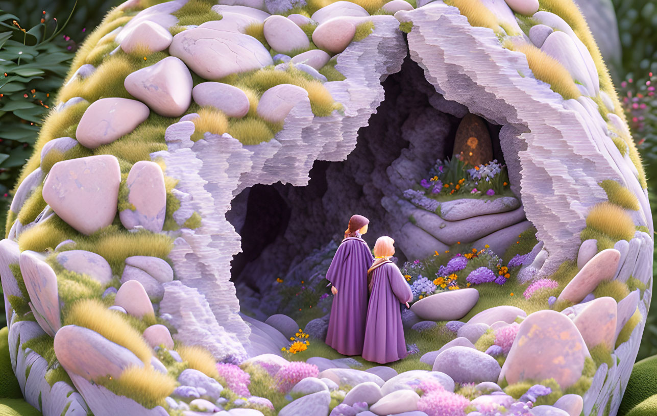 Illustration of two cloaked figures in fantastical cave with vibrant flowers