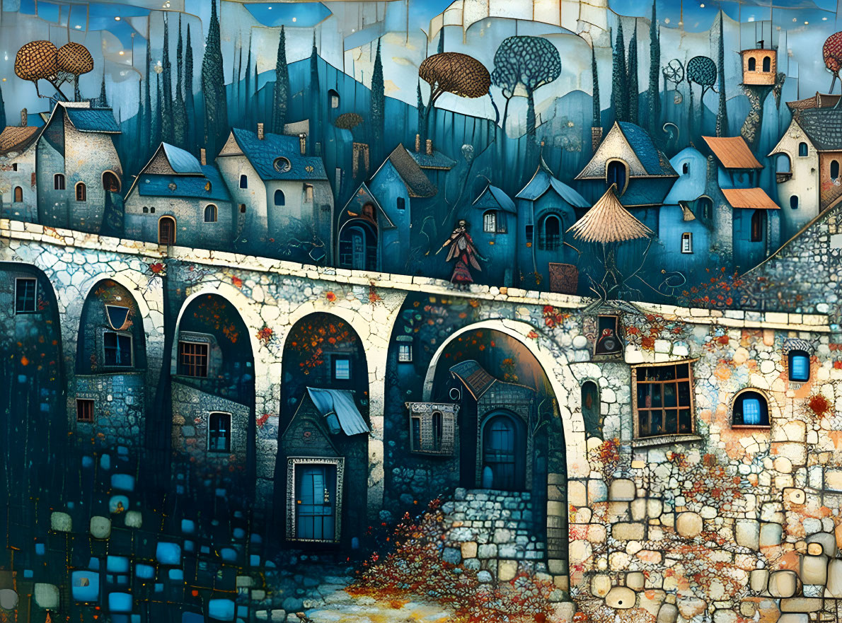 Whimsical surreal town with blue tones, stylized houses, archways, and fantastical foliage