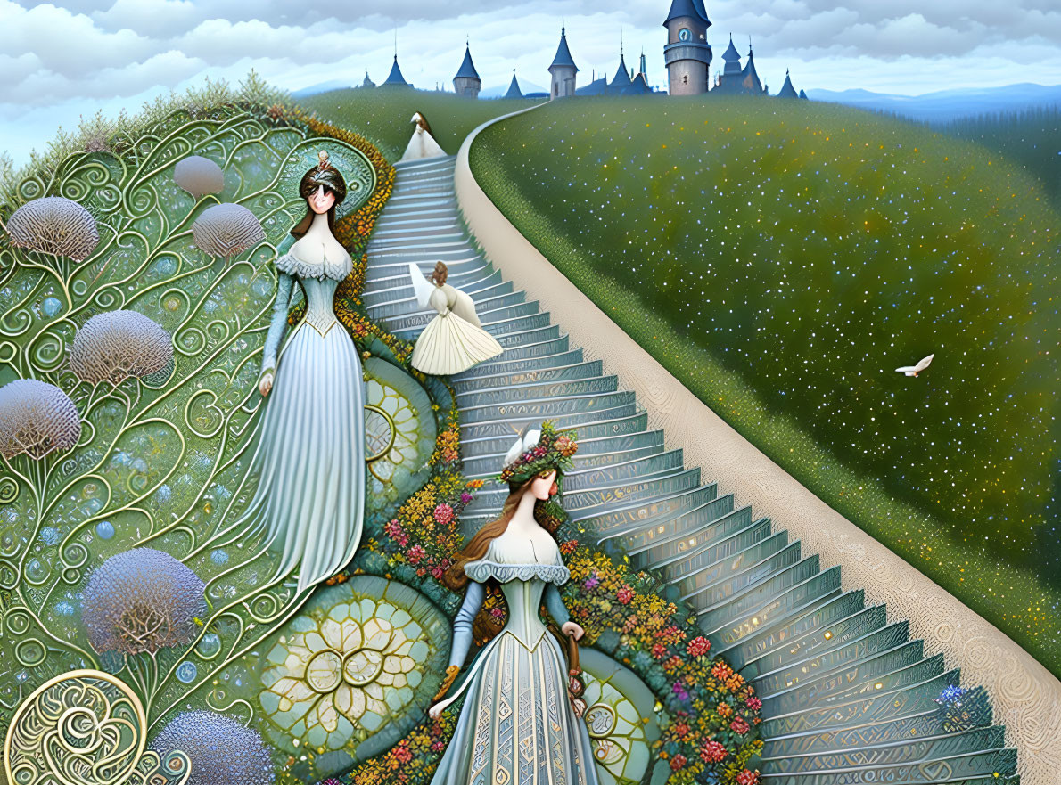 Whimsical fantasy landscape with elegantly dressed women on stairway