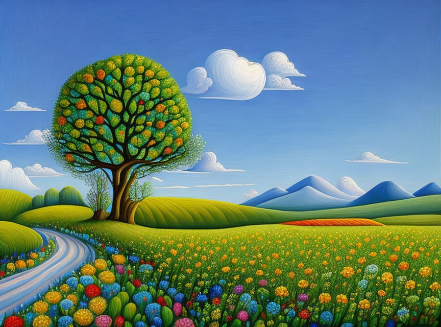 Colorful meadow with fruit tree and rolling hills under a bright sky