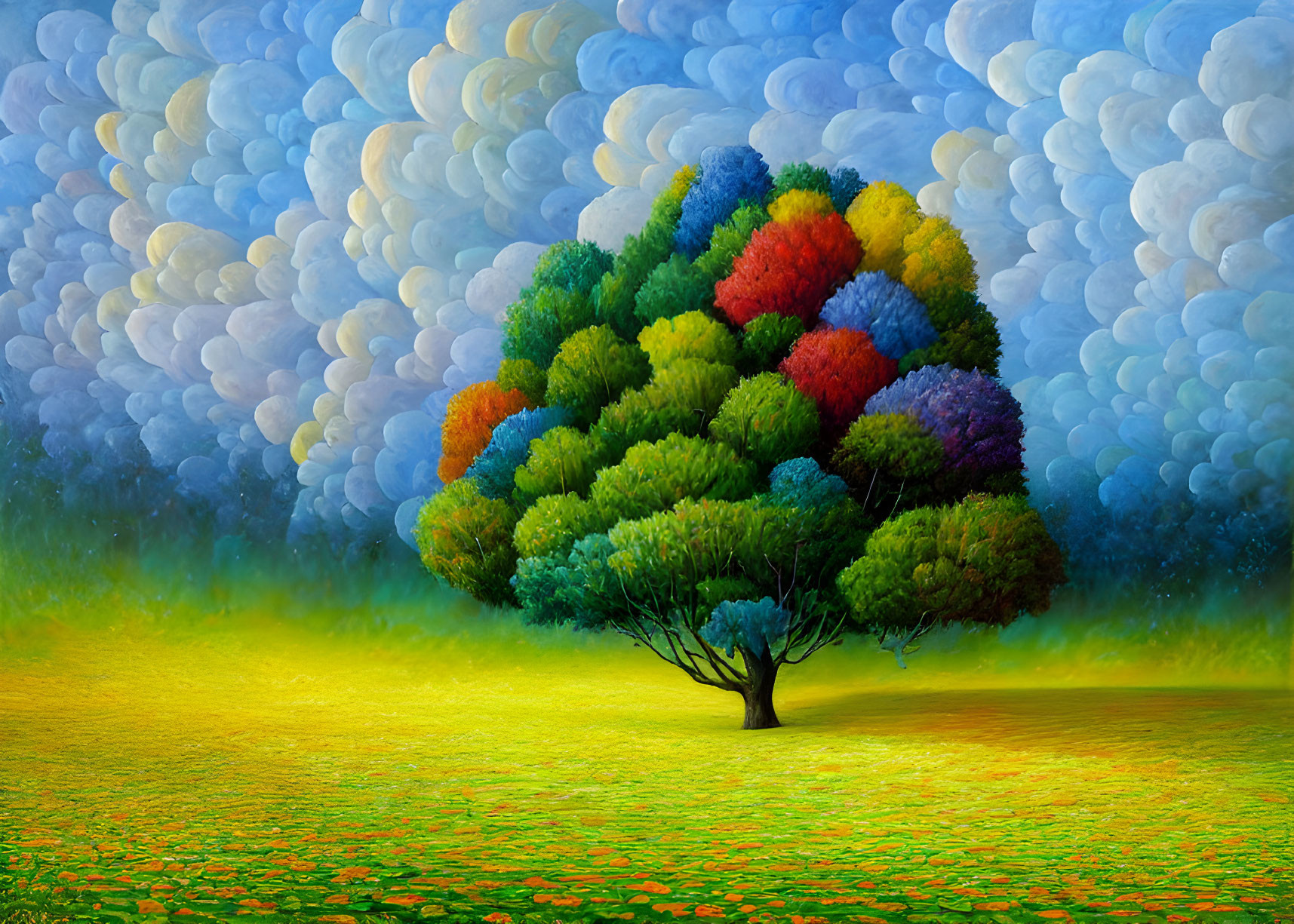 Colorful tree in lush meadow under patterned sky