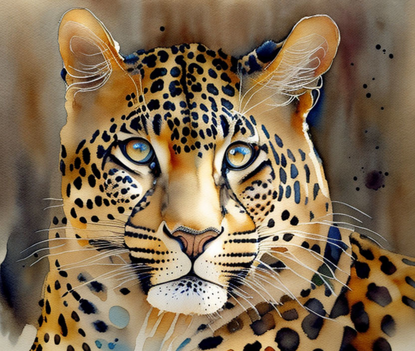 Detailed digital artwork: Jaguar with intense blue eyes on speckled background