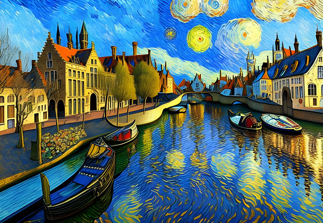 Colorful Canal Scene with Boats and Starry Sky