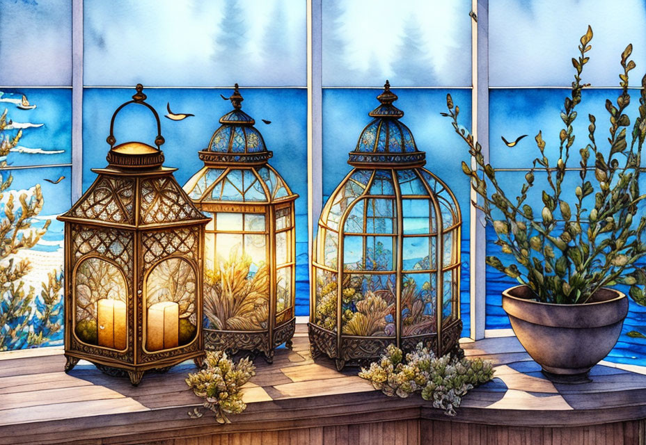 Ornate lanterns with lit candles on wooden surface and stained glass background