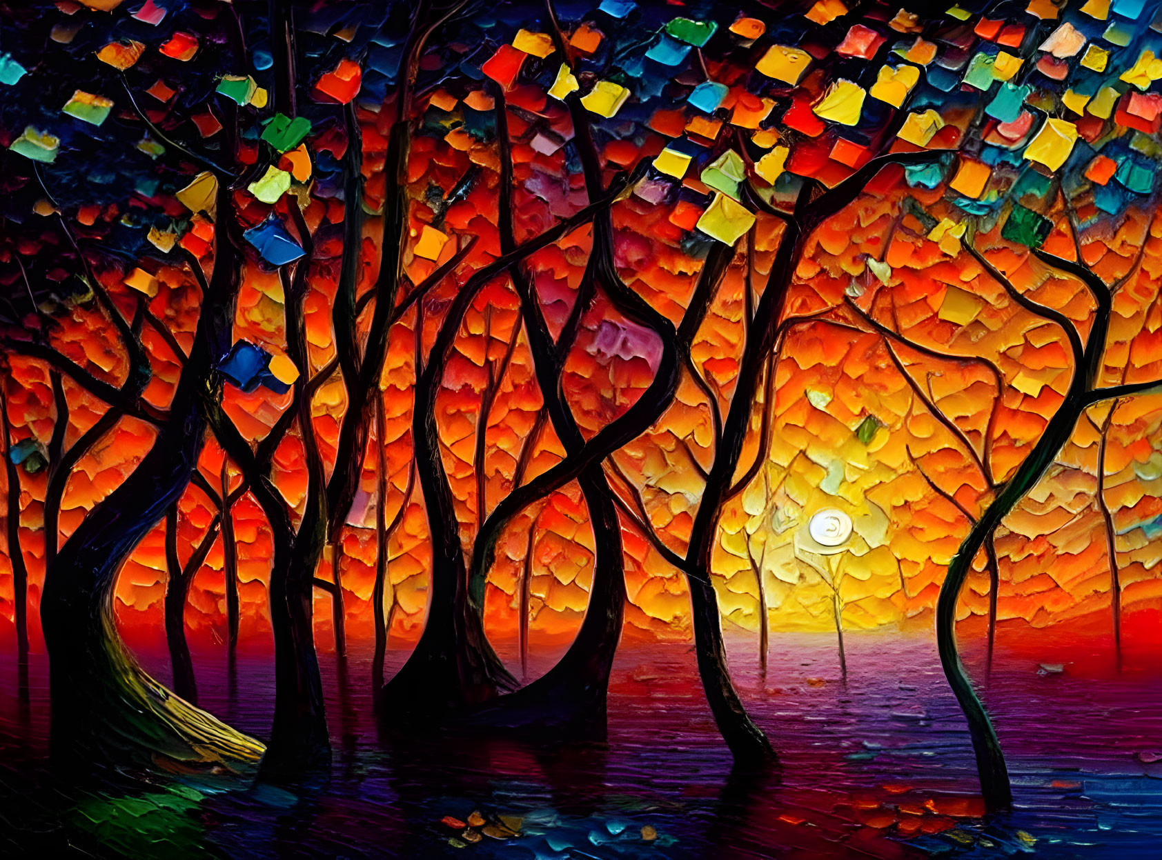 Colorful painting of trees, warm hues, textured sky, luminous moon, serene water