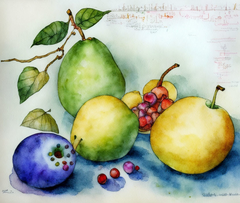 Vivid Watercolor Painting of Fruits with Arabic Calligraphy